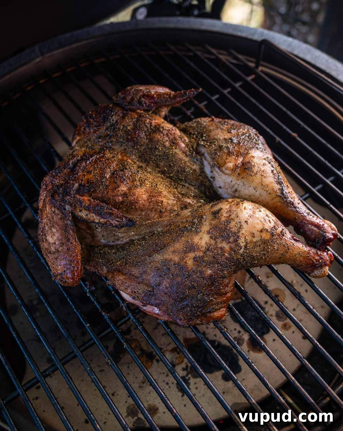 Grilled Spatchcocked Dry-Brined Chicken for Crispy, Juicy Results 6 Dry brined spatchcocked chicken on a Big Green Egg.