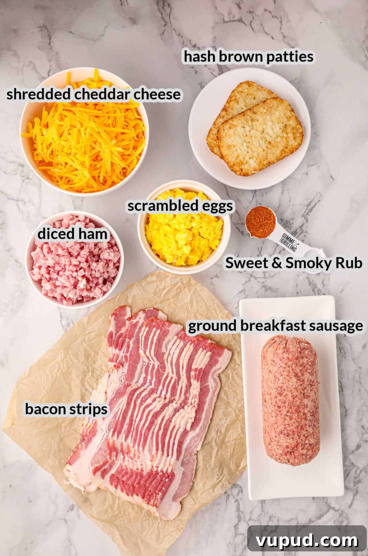 Smoked Breakfast Fatty: Savory Brisket-Wrapped Morning Roast 4 Overhead Image of Smoked Breakfast Fatty Ingredients