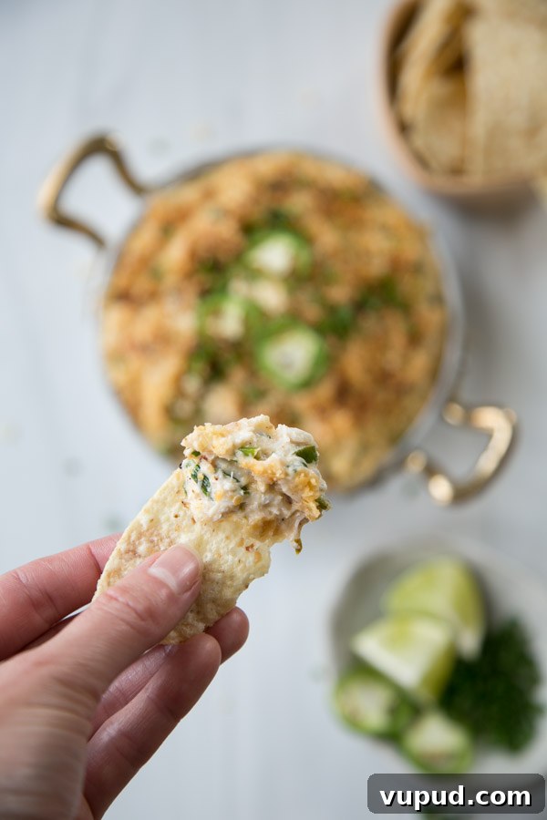 10-Minute Crab Dip with Crispy Tortilla Crust 18 hand holding chip with hot crab dip