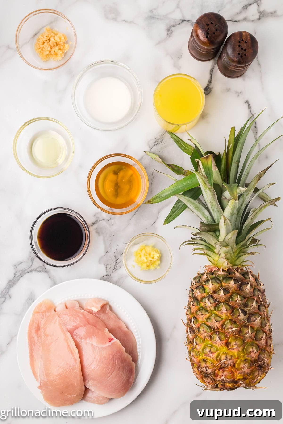 Crispy Pineapple Chicken on the Blackstone Grill: Sweet & Savory Recipe 3 Pineapple Chicken ingredients - pineapple, chicken, avocado oil, salt, pepper, pineapple juice, soy sauce, honey, garlic, ginger, cornstarch
