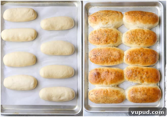Soft Homemade Hot Dog Buns Recipe for Perfect Sandwiches 5 Homemade hot dog buns, before and after baking