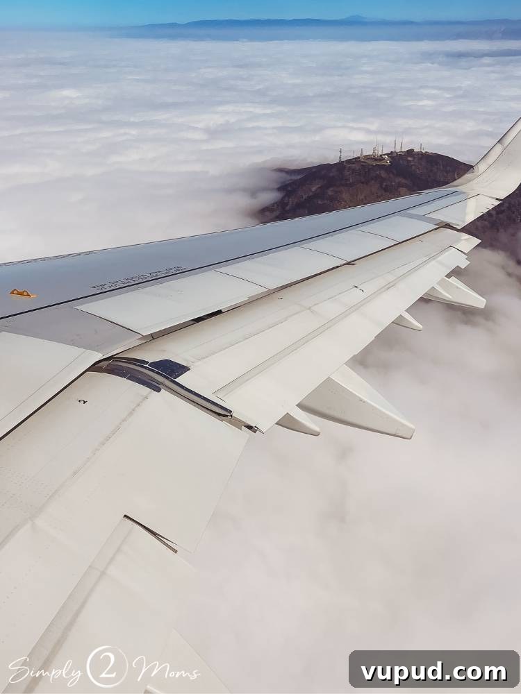 view out of plane window over clouds with mountain coming through cloud