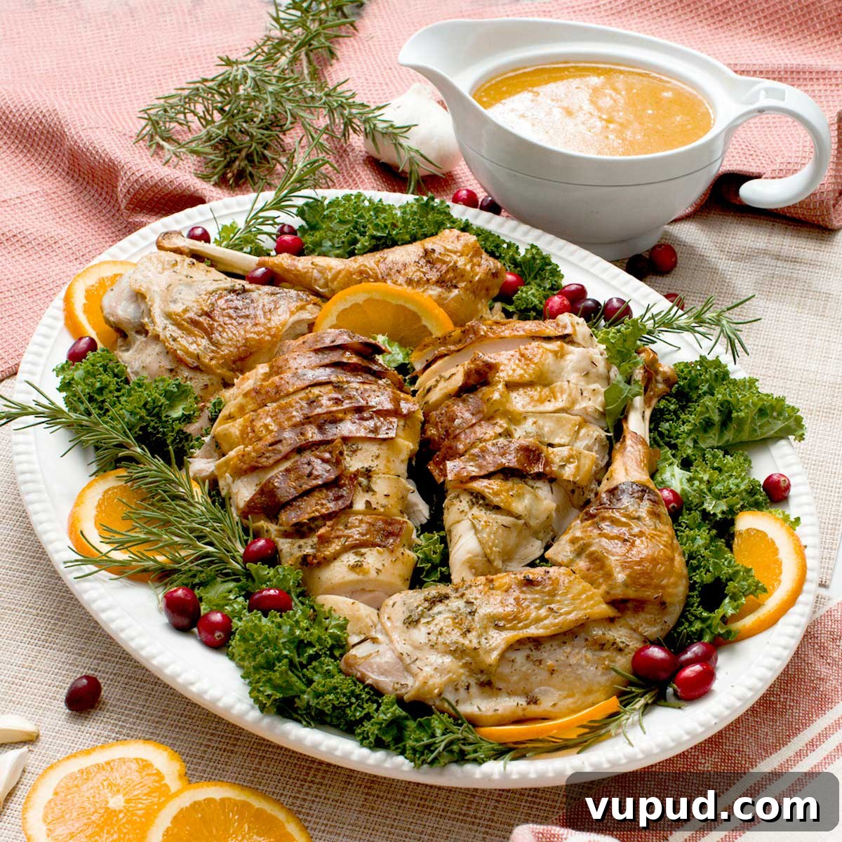 Spatchcock Turkey with Gluten-Free Gravy Cooked in HexClad Pan 2 A crispy spatchcock turkey with gluten-free gravy on a serving platter.