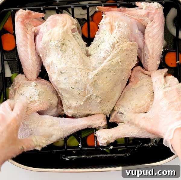 Spatchcock Turkey with Gluten-Free Gravy Cooked in HexClad Pan 12 Placing the turkey, skin-side-up, in the roasting pan.