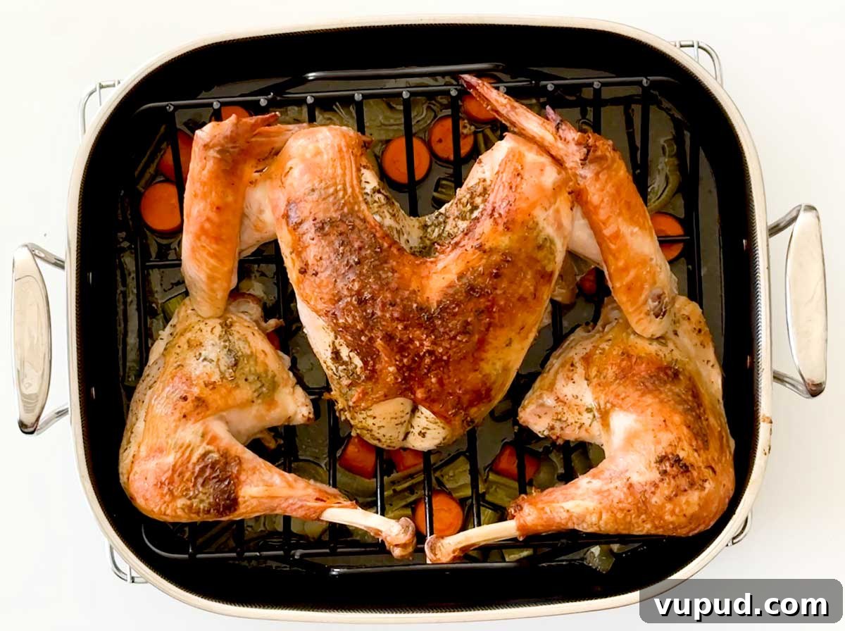 Spatchcock Turkey with Gluten-Free Gravy Cooked in HexClad Pan 13 A roasted spatchcock turkey in a HexClad Hybrid Roasting Pan.