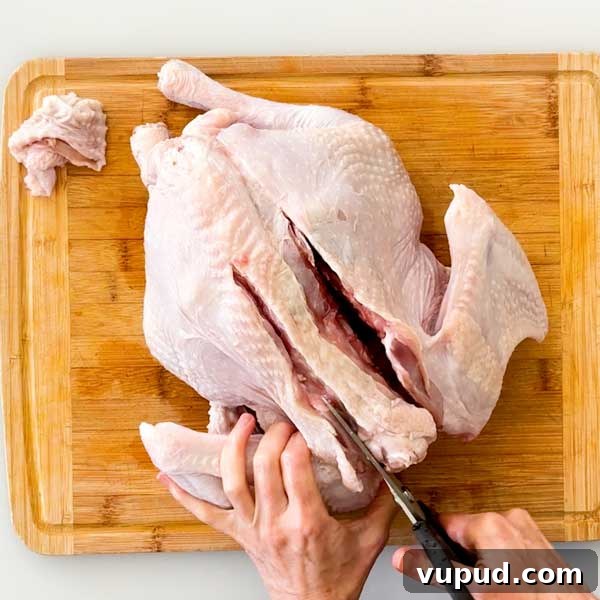 Spatchcock Turkey with Gluten-Free Gravy Cooked in HexClad Pan 5 Cutting the spine out of the turkey with strong kitchen shears.