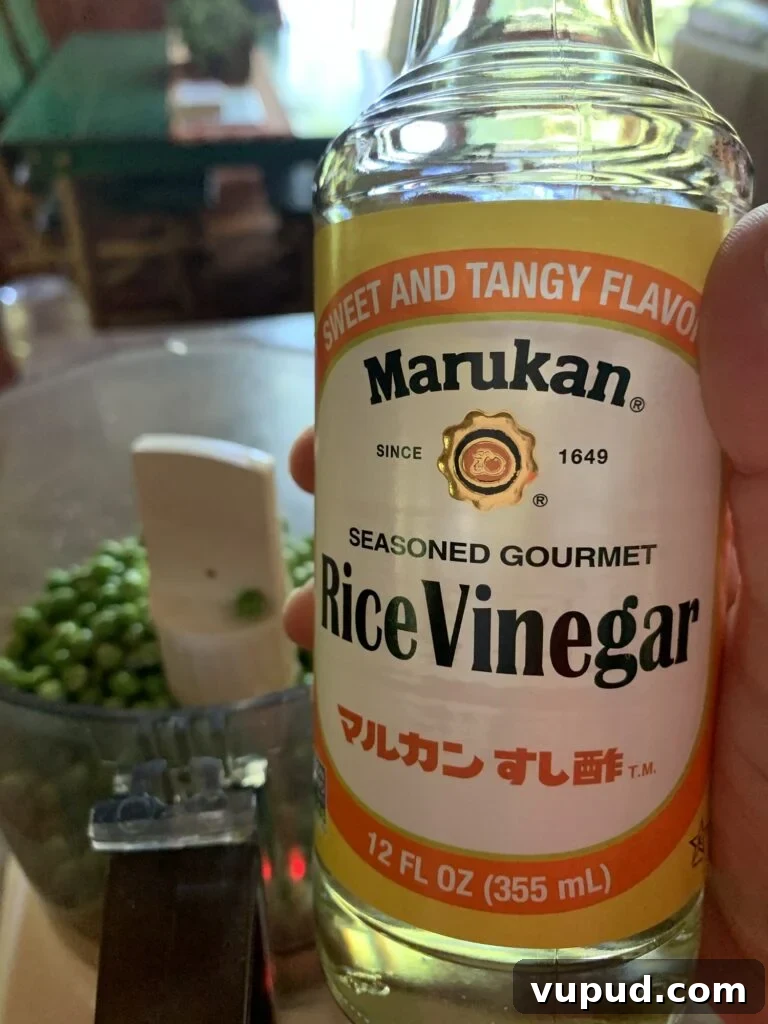 Creamy Pea Bruschetta with Lemon and Mint 3 A bottle of Marukan Rice Vinegar