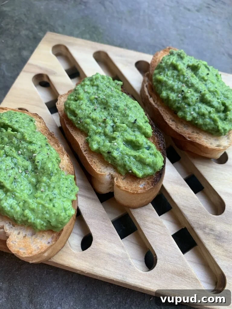 Creamy Pea Bruschetta with Lemon and Mint 6 Three of the finished pea bruschettas