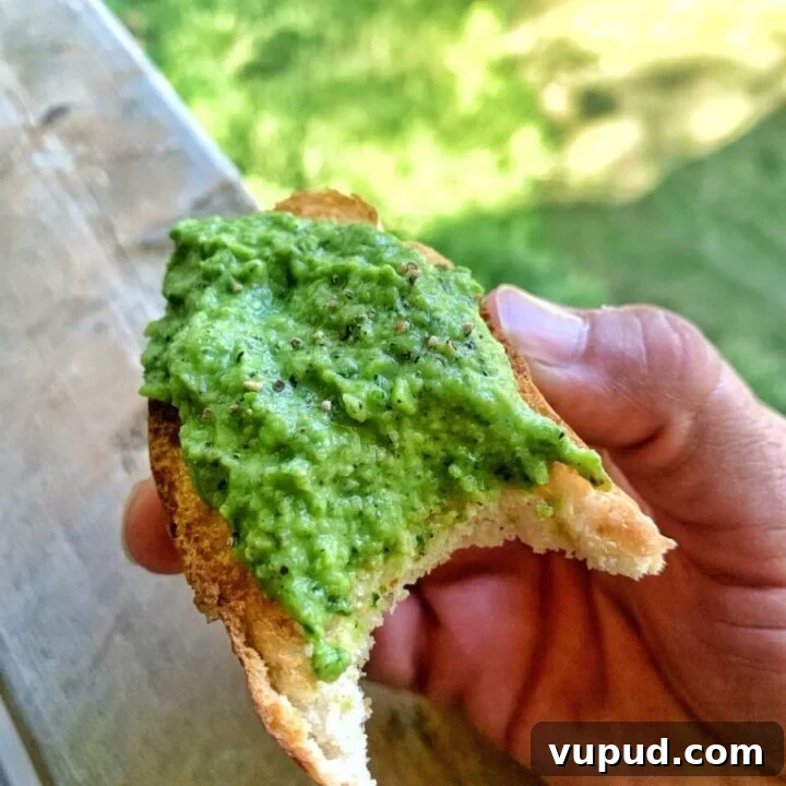 Pea Bruschetta with a bite out of it