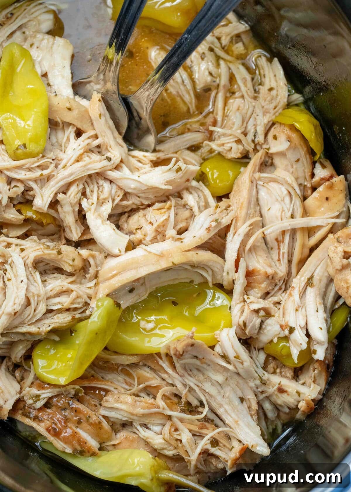 Crockpot Mississippi Chicken: Slow Cooker Recipe for Tender Flavor 2 Juicy Crockpot Mississippi Chicken with pepperoncinis and ranch being shredded with two forks