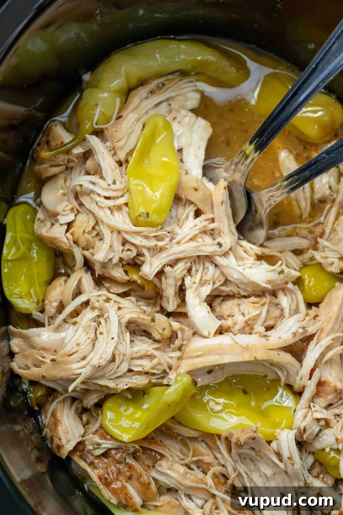 Crockpot Mississippi Chicken: Slow Cooker Recipe for Tender Flavor 9 closeup of shredded mississippi chicken in the crockpot