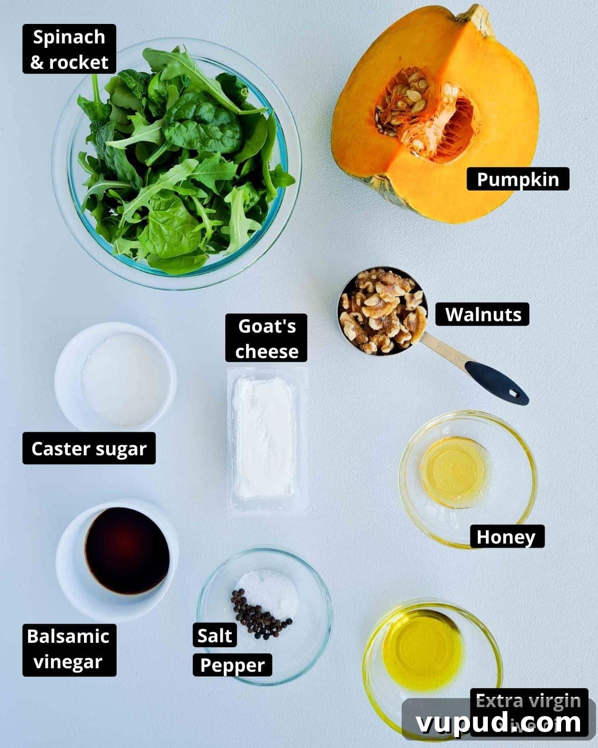 Roasted Pumpkin, Spinach & Goat Cheese Salad Rezept 3 Ingredients required for this recipe, all labeled