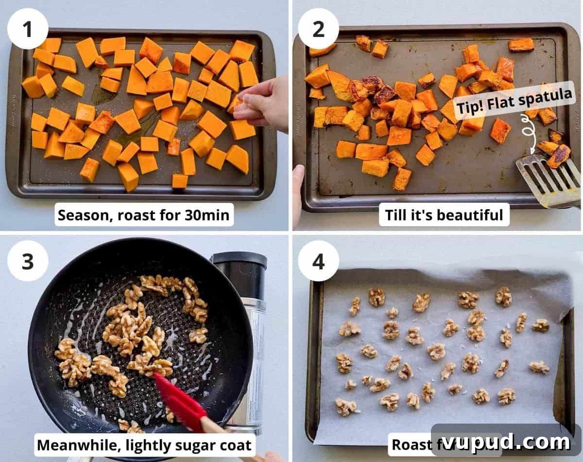 Roasted Pumpkin, Spinach & Goat Cheese Salad Rezept 4 Step by step of how to roast pumpkins and candy walnuts