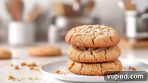 Stack of three gooey peanut butter cookies