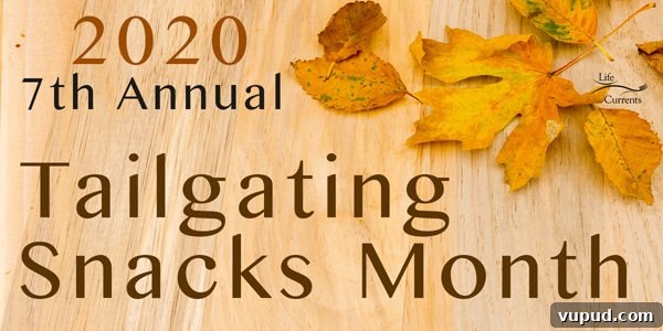 Tailgating Snacks Month banner with fall leaves on wood background