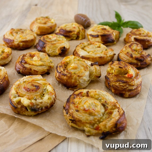 Baked pinwheels on parchment with basil
