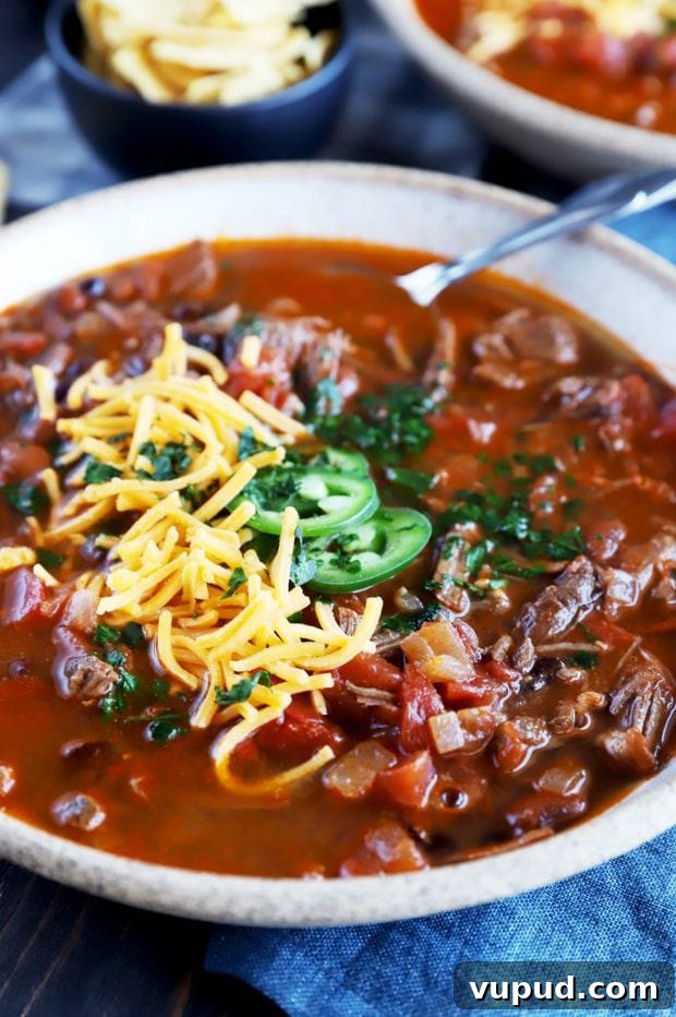 Instant Pot Carne Asada Chili Recipe for Bold Flavor 6 Bowl full of steak chili image