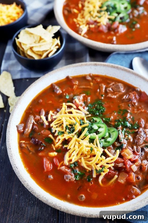 Instant Pot Carne Asada Chili Recipe for Bold Flavor 9 Bowl full of chili with steak image
