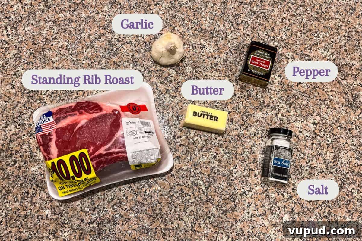 Perfectly Tender Sous Vide Prime Rib Roast Recipe 3 Labeled ingredients on a kitchen counter: packaged raw rib roast, garlic head, a stick of butter, sea salt, and black pepper.
