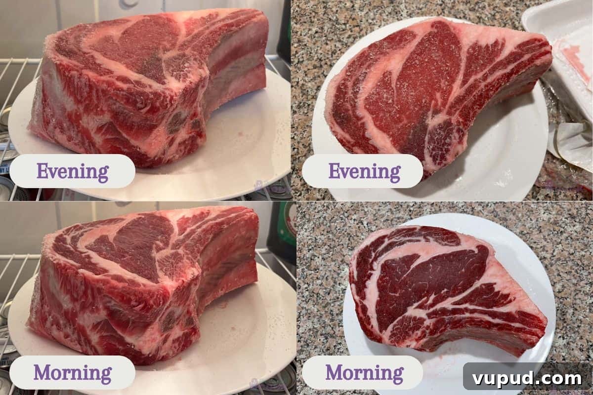 Perfectly Tender Sous Vide Prime Rib Roast Recipe 4 Four images showing the roast before and after curing overnight, left shows it in the fridge with the morning on bottom and evening on top, right shows it on a counter, also with the morning on the bottom and the evening on top.