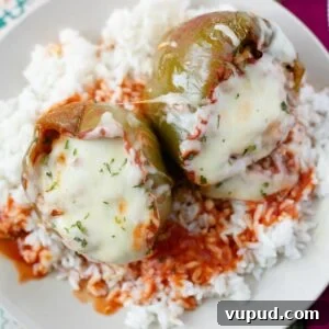 Slow-Cooker Stuffed Bell Peppers for Weeknight Dinner 9 Two stuffed bell peppers on plate on a bed of cooked white rice.