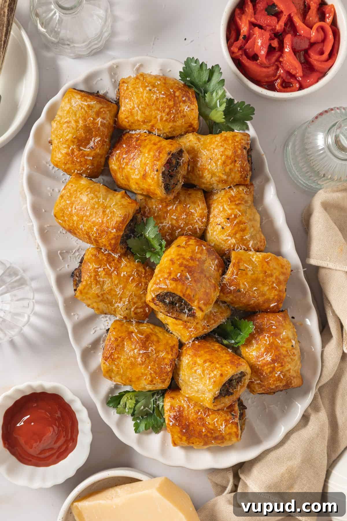 Mediterranean Beef Sausage Rolls with Herbed Feta and Spinach 2 White oval platter with Mediterranean Sausage Rolls, garnished with some parsley.