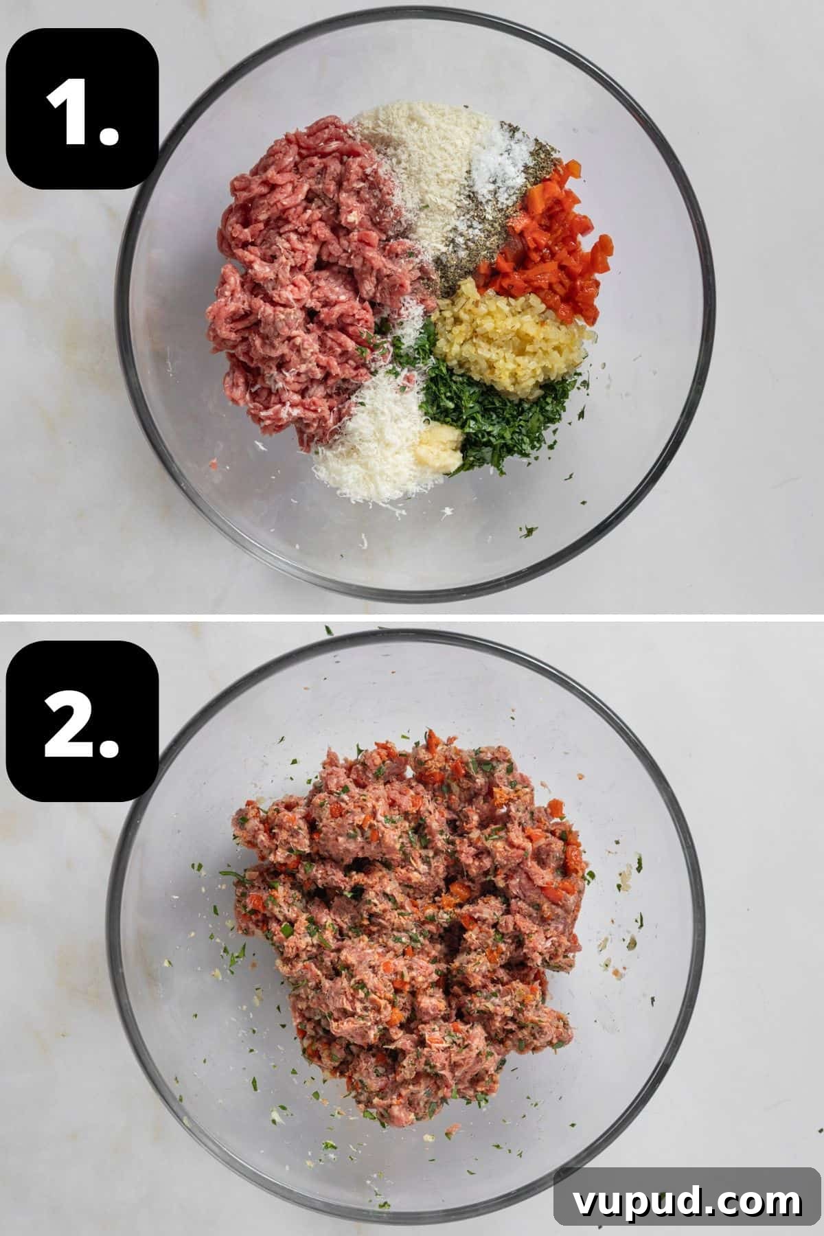 Mediterranean Beef Sausage Rolls with Herbed Feta and Spinach 6 Steps 1-2 of preparing this recipe: the ingredients for the sausage rolls in a glass bowl and the mixture combined.