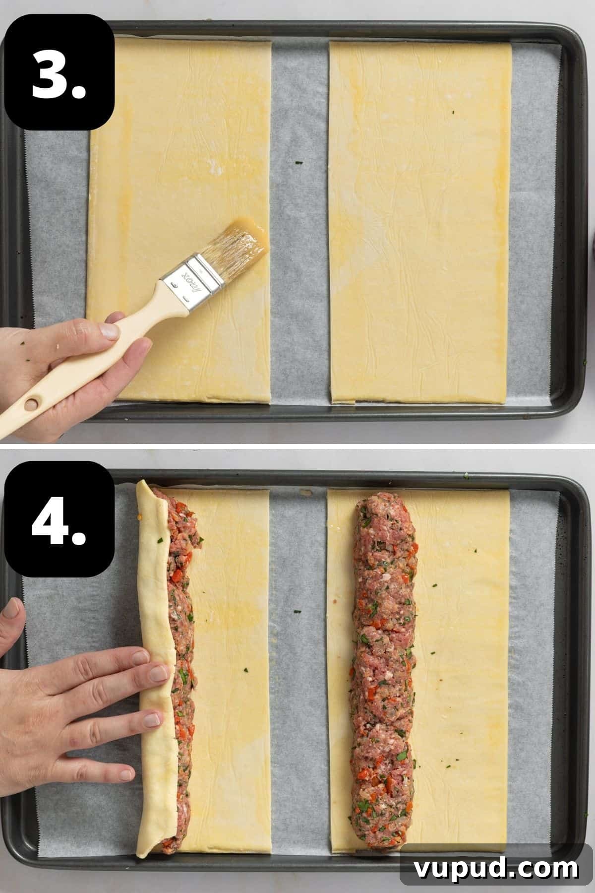 Mediterranean Beef Sausage Rolls with Herbed Feta and Spinach 7 Steps 3-4 of preparing this recipe: brushing egg wash onto the puff pastry, and rolling the pastry with the sausage mixture.