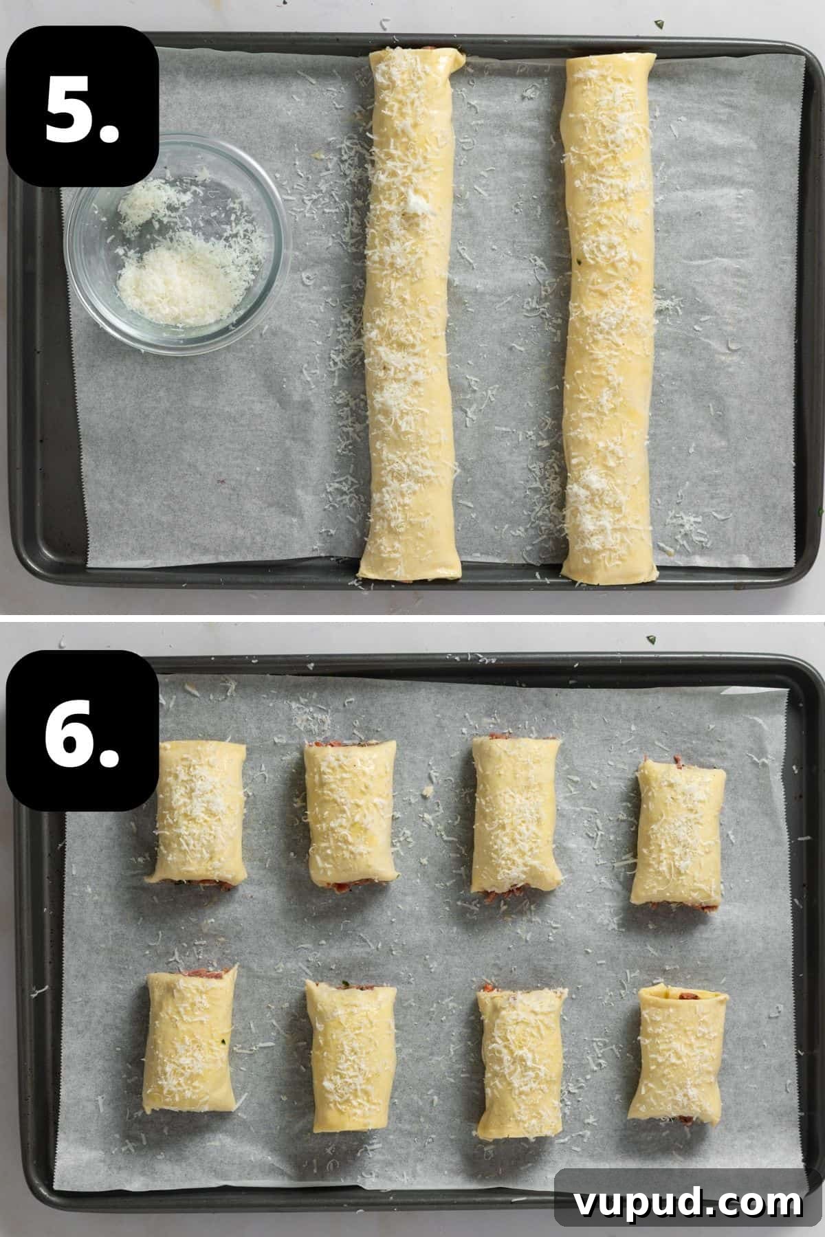 Mediterranean Beef Sausage Rolls with Herbed Feta and Spinach 8 Steps 5-6 of preparing this recipe: logs of sausage roll, sprinkled with Parmesan cheese and cut into pieces, ready to bake.