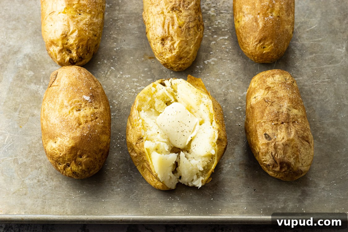 Crispy Oven-Roasted Potatoes with Garlic and Herbs 5 baked russet potatoes on a baking sheet with one split open with butter