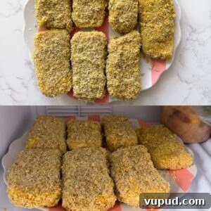 Crispy Homemade Mozzarella Sticks with Marinara Dipping Sauce 8 Mozzarella sticks breaded before frying.