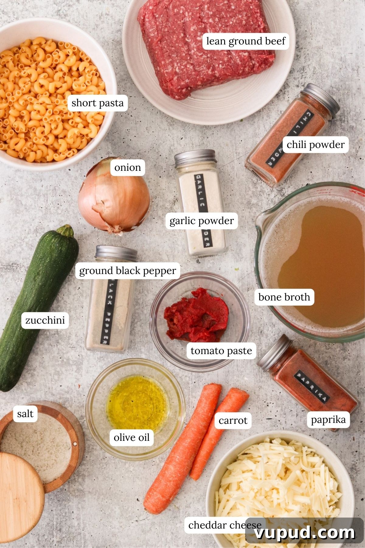 One-Pot Homemade Hamburger Helper: Quick Family Dinner 3 recipe ingredient in small bowls and labeled