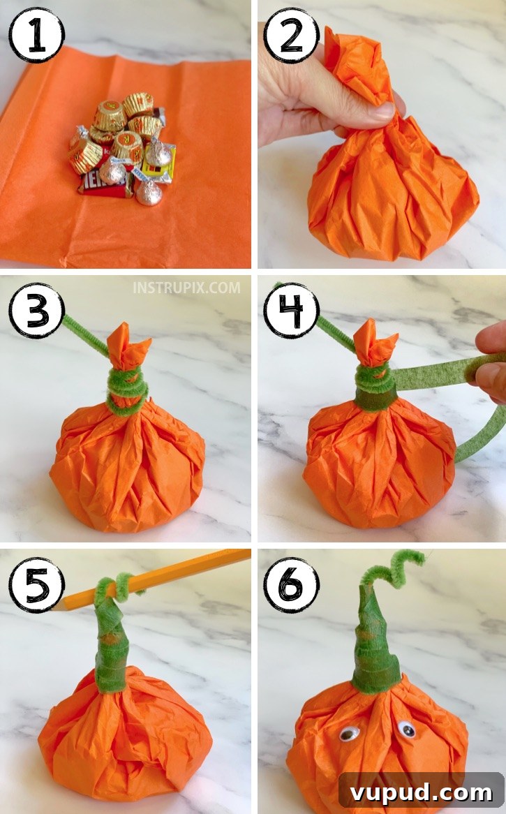 Tissue Paper Pumpkin Treat Bags for Fall Parties 4 The cutest little DIY party favors for Halloween! Tissue Paper Pumpkins Stuffed With Candy.