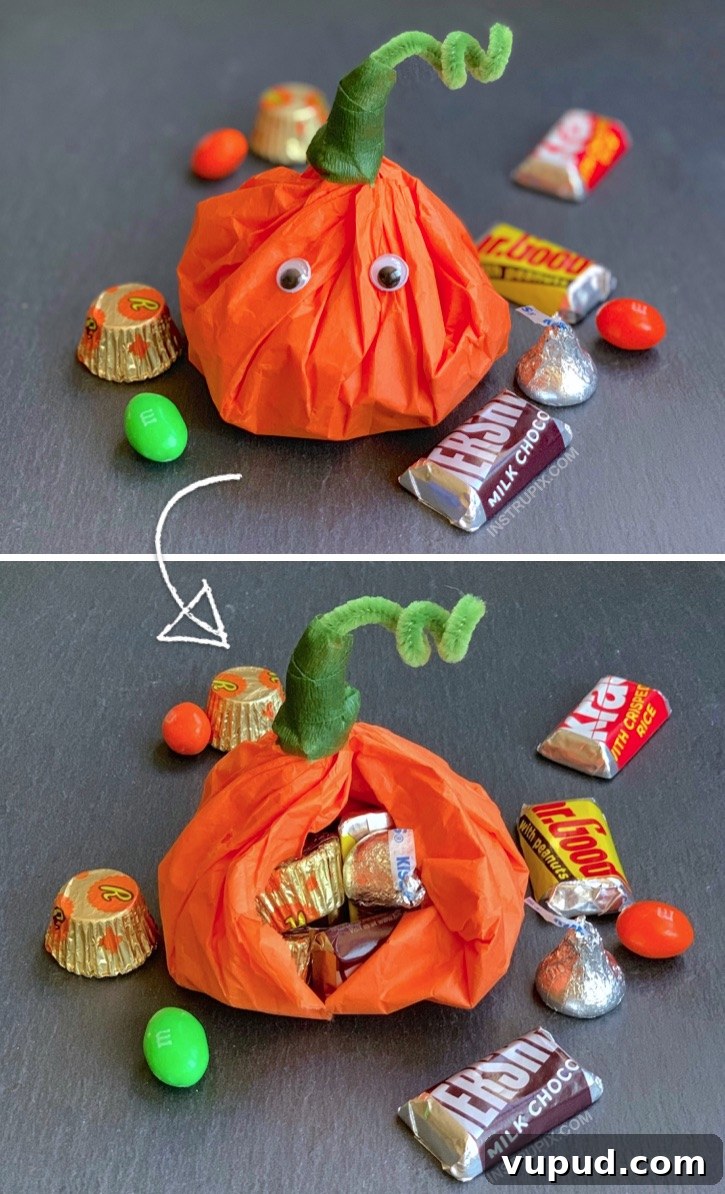 Tissue Paper Pumpkin Treat Bags for Fall Parties 5 DIY Halloween Party Idea For Kids (cheap and easy!): The cutest little DIY party favor goody bags!