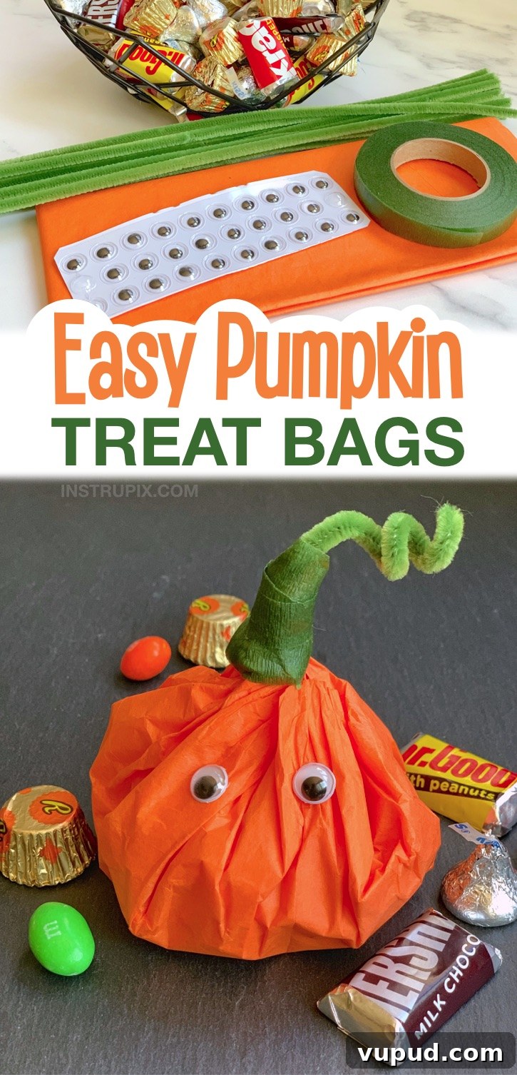 Tissue Paper Pumpkin Treat Bags for Fall Parties 9 Easy homemade goody bags made with tissue paper, pipe cleaners and googly eyes.