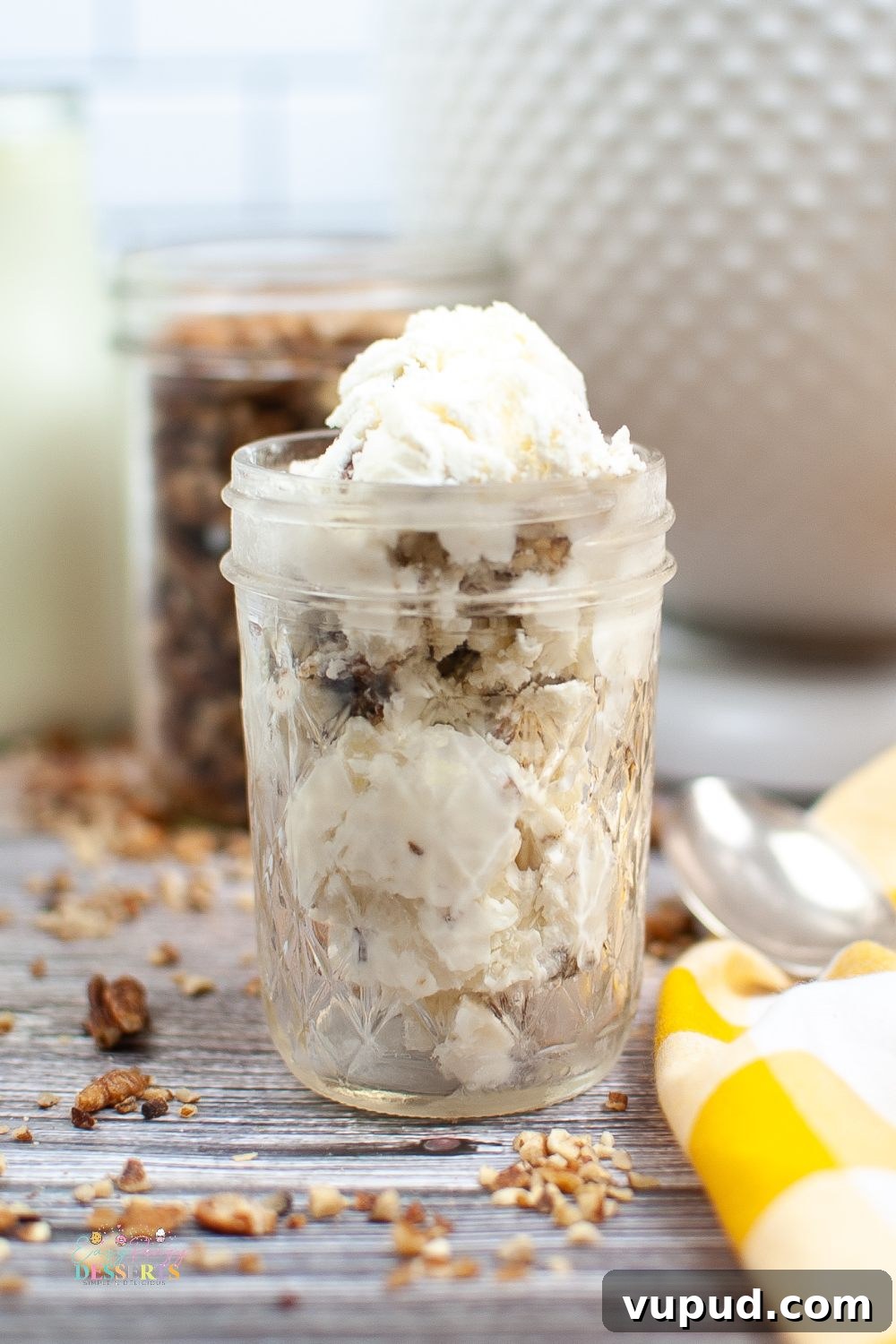 No-Churn Butter Pecan Ice Cream Recipe — Creamy Homemade Treat 3 Front image of a jar filled with butter pecan ice cream