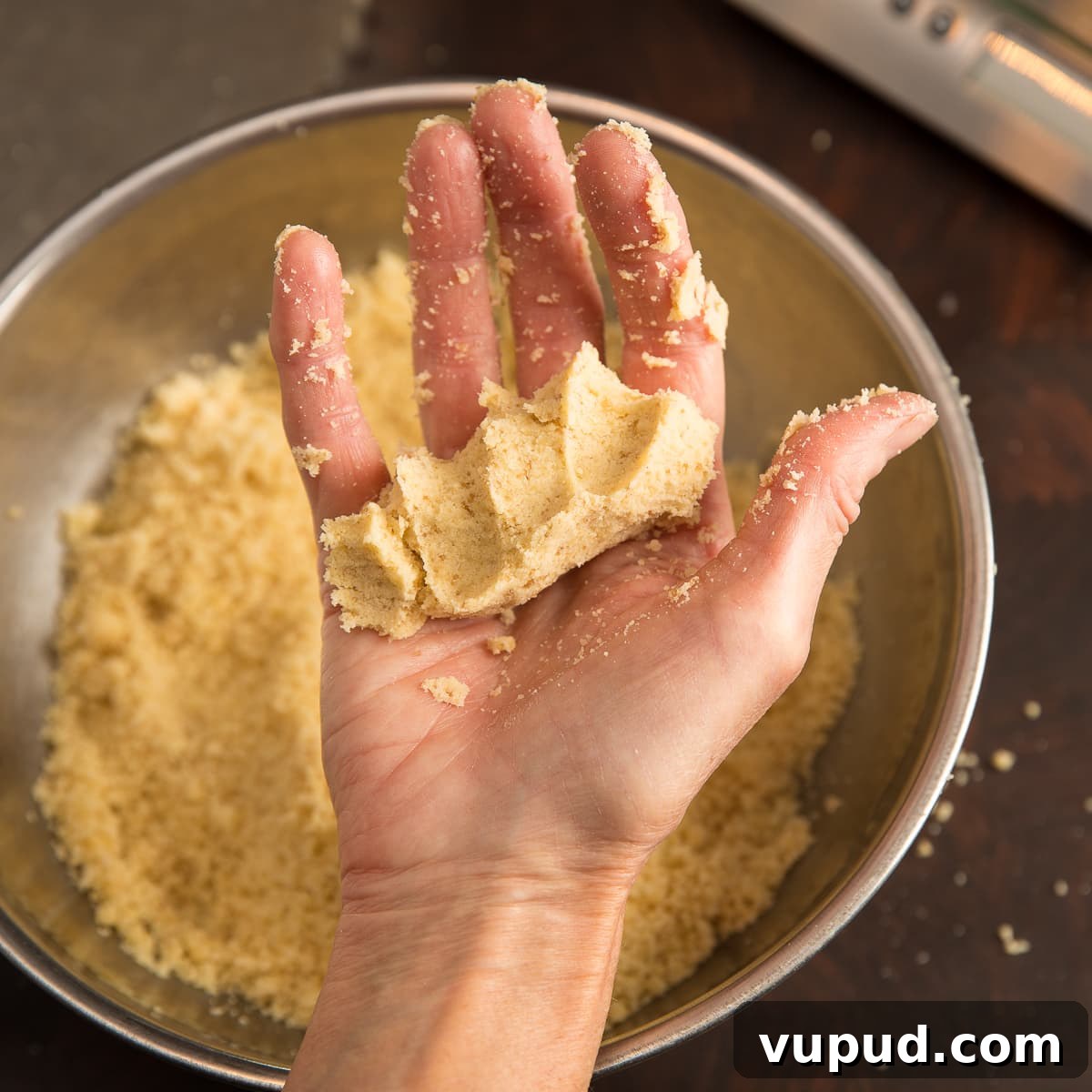 Grain-Free, Gluten-Free Tart Crust Recipe for Flaky Pastry 5 Testing cookie crust tart dough by squeezing in your hand.
