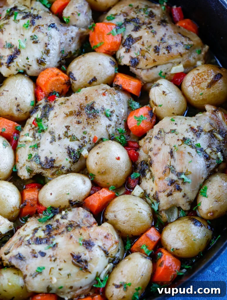 Crispy Roasted Chicken and Herbed Baby Potatoes 2 Oven Baked Chicken and Potatoes in a skillet