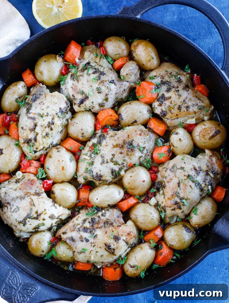 Crispy Roasted Chicken and Herbed Baby Potatoes 3 overhead shot of Baked chicken and potatoes