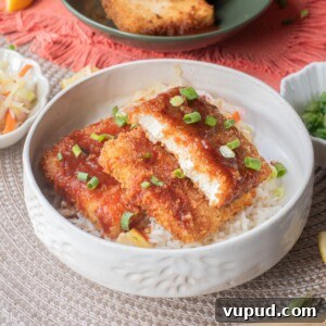 Crispy Tofu Katsu Recipe: Crunchy Plant-Based Cutlets 16 An image of tofu katsu served in a bowl.