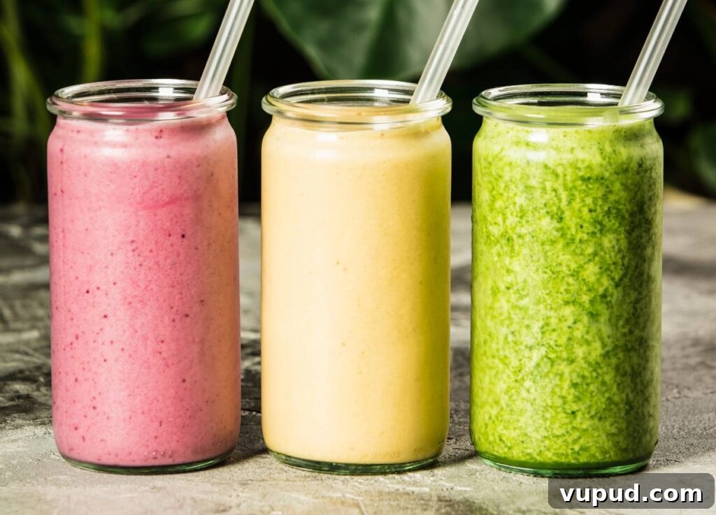Three smoothies lined up in glass cups, a red fruit smoothie, a yellow fruit smoothie and a green smoothie.