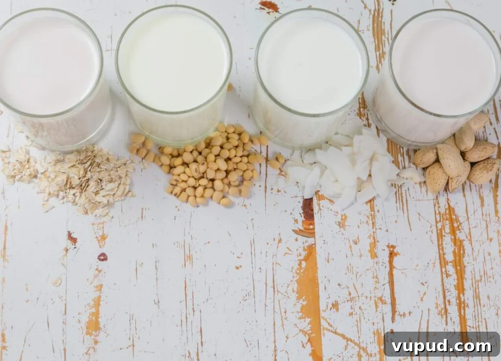 Four types of plant based liquids for smoothies lined up: oat milk, soy milk, coconut milk and almond milk.