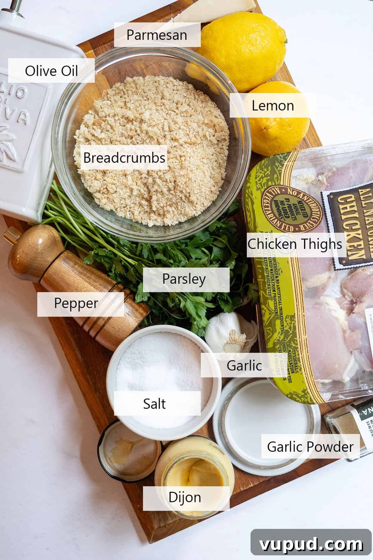 Crispy Chicken Spiedini Skewers with Lemon Herb Marinade 3 Ingredients for the recipe laid out.