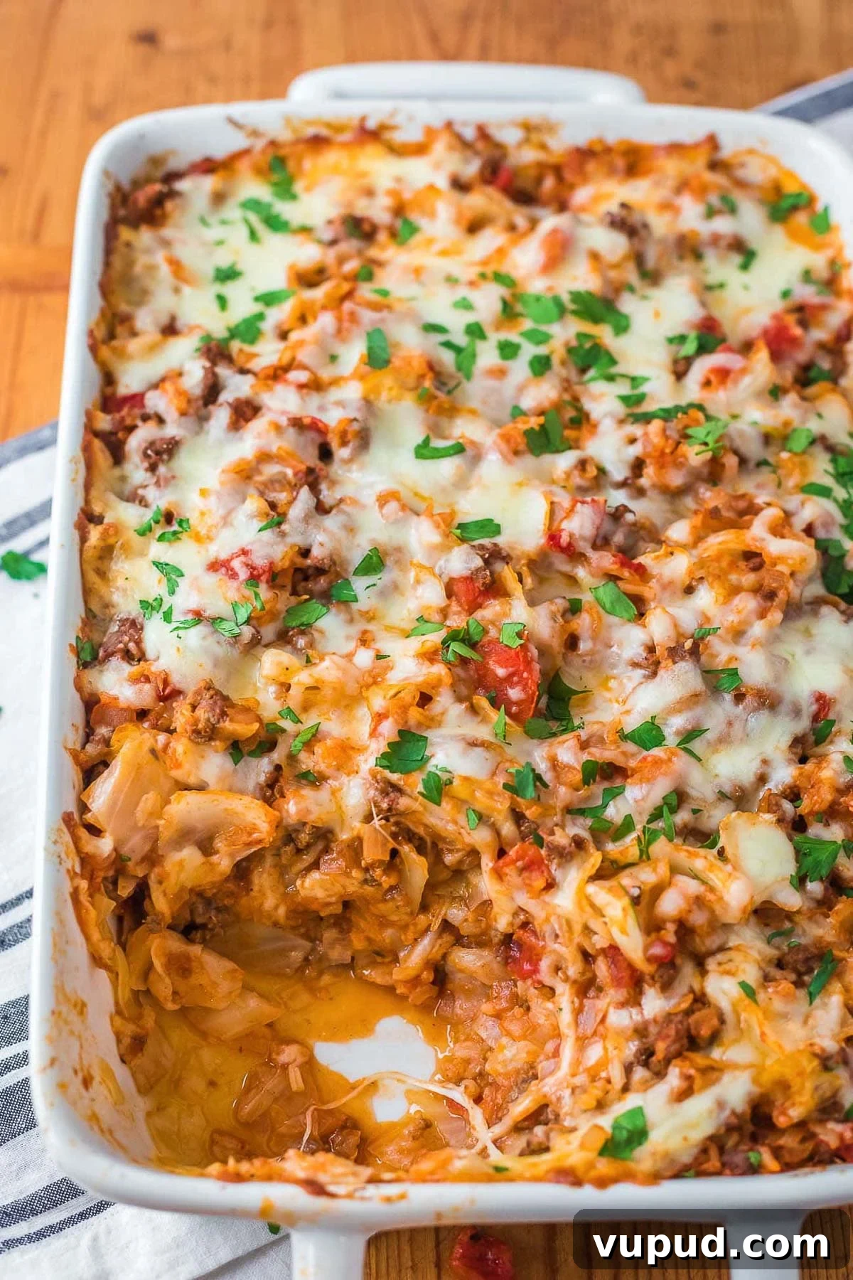 Hearty Stuffed Cabbage Casserole Recipe for Weeknight Dinners 5 close up of cheesy stuffed cabbage roll casserole