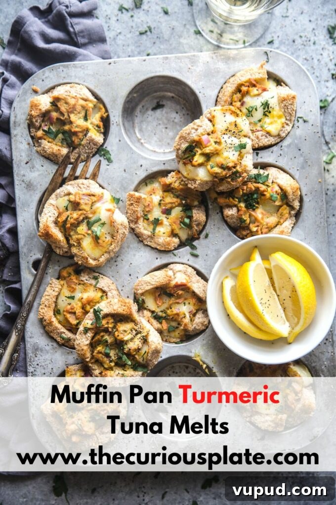 Turmeric Tuna Melt Muffin Bites: Savory Mini Tuna Melts 12 Muffin Pan Turmeric Tuna Melts www.thecuriousplate.com