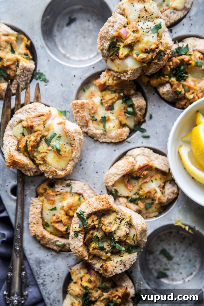 Turmeric Tuna Melt Muffin Bites: Savory Mini Tuna Melts 8 Muffin Pan Turmeric Tuna Melts www.thecuriousplate.com