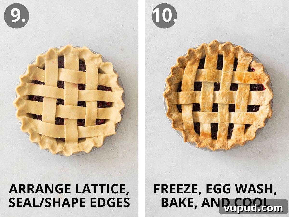 Gluten-Free Cherry Pie Recipe with Flaky Homemade Crust 10 steps 9 and 10 arrange lattice, fix edges, freeze, egg wash, bake, and cool.