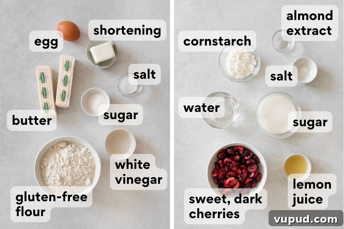 Gluten-Free Cherry Pie Recipe with Flaky Homemade Crust 5 cherry pie ingredients measured and labeled.