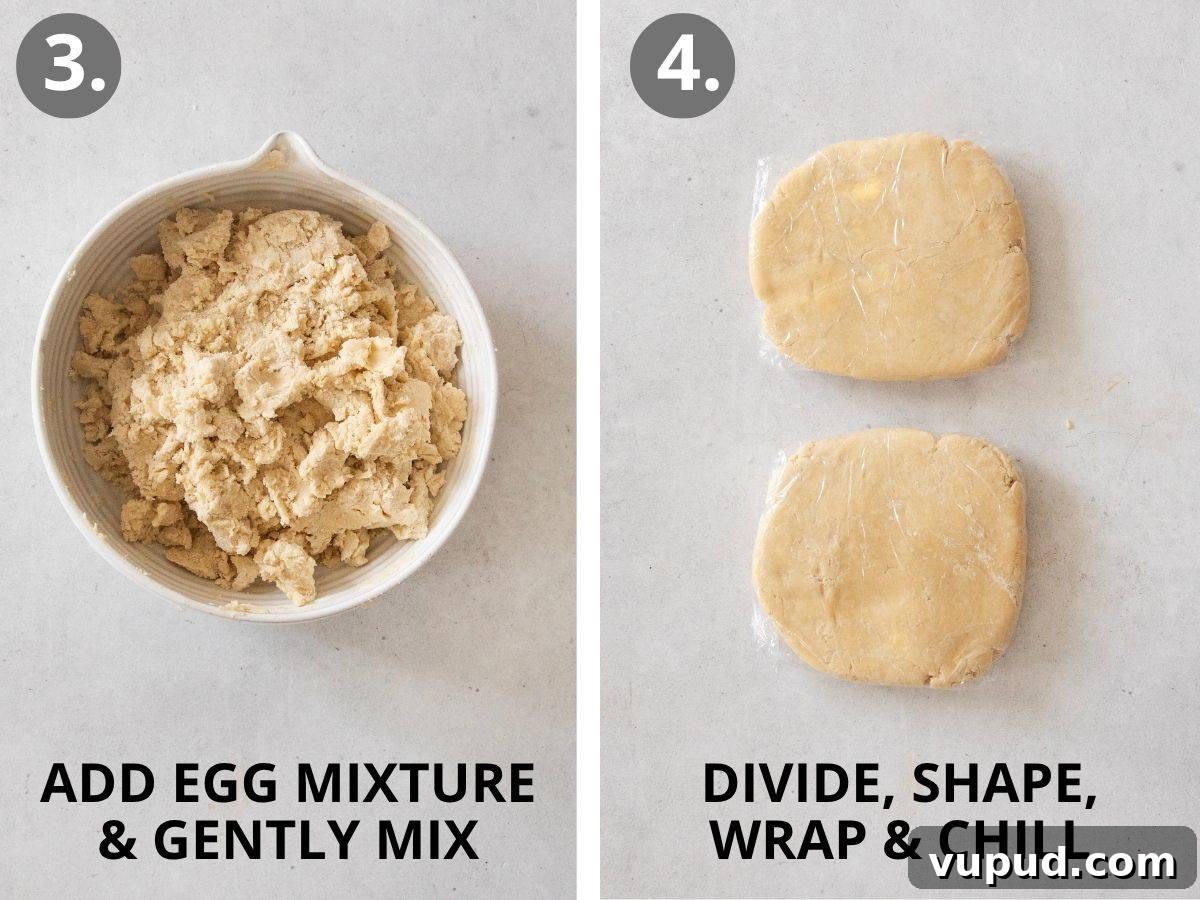 Gluten-Free Cherry Pie Recipe with Flaky Homemade Crust 7 steps 3 and 4 add egg mix, gently mix, divide, shape, wrap, and chill.