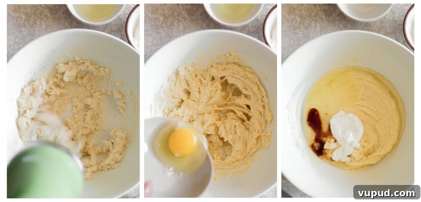 Cardamom Cake with Silky Coffee Buttercream 4 Three steps to creaming wet ingredients for baked goods; in photo 1, a mixer is beating butter and sugar in a white bowl on a beige counter. In photo 2, a hand is pouring eggs into the butter-sugar mixture. In photo 3, the bowl has sour cream and vanilla in it.